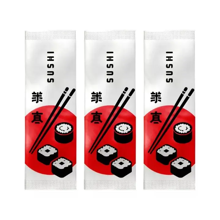 Guardanapo sachê personalizado com impressão temática de sushi, ideal para restaurantes japoneses.