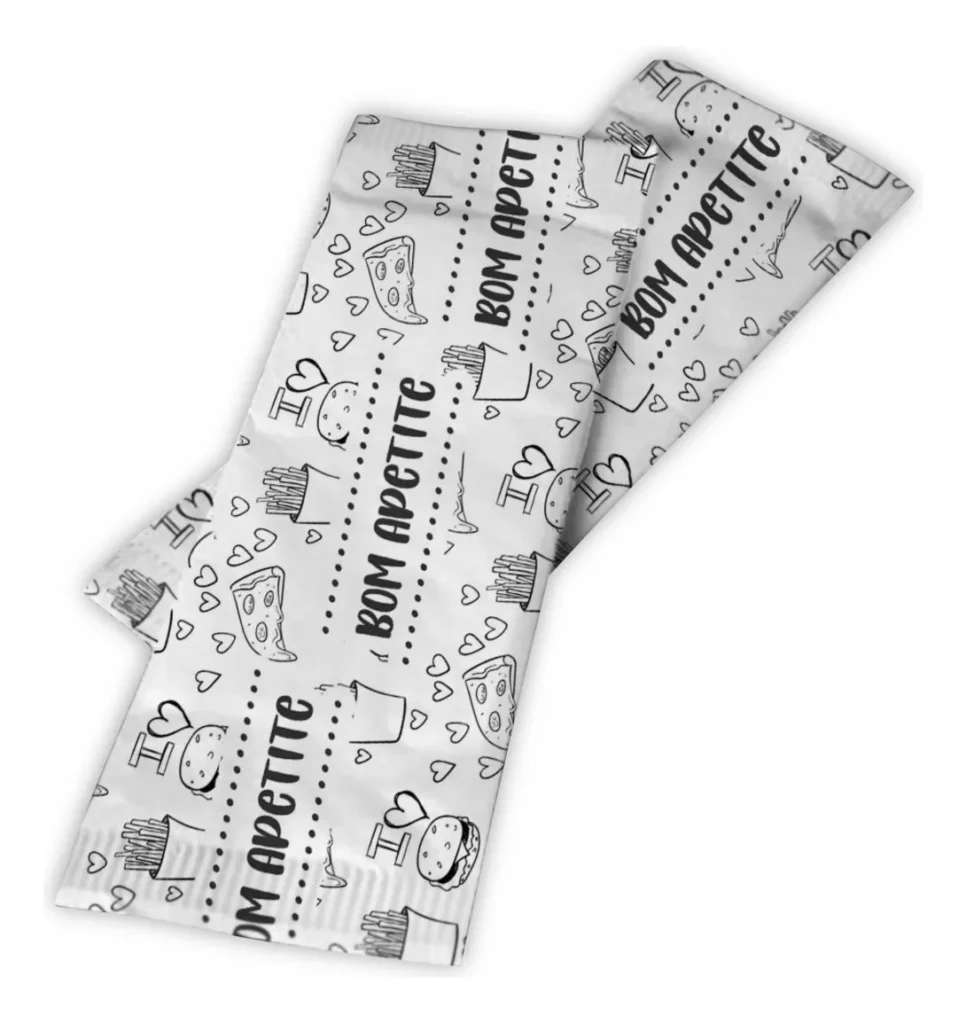 Guardanapo sachê personalizado com a frase "Bom Apetite", perfeito para restaurantes e eventos.