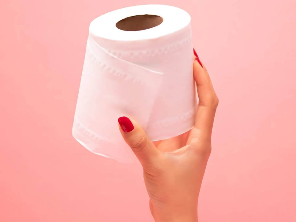 Mão segurando um papel higiênico para o alto, destacando o valor e a qualidade do produto.